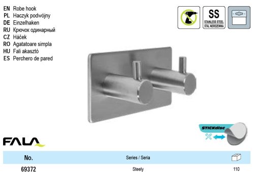 FALA69372 Fali akasztó öntapadós dupla Steely