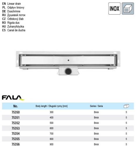 FALA75355 Fali zuhanylefolyó 800 mm Brick