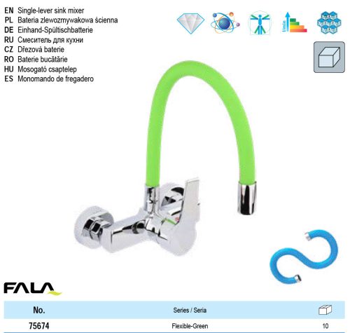 FALA75674 Mosogató csaptelep fali zöld flexibilis csővel + tartozékok