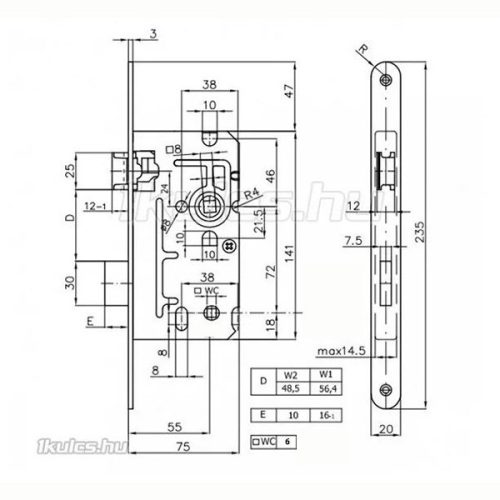 Elzett Serie 110 55/72 toalett bevésőzár balos