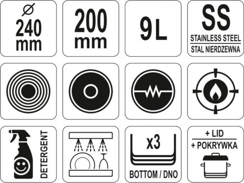 YATO YG-00003 GASTRO Fazék fedővel 9 liter 240 x 200 mm inox