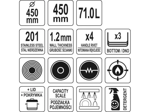 YATO YG-00019 GASTRO Fazék fedővel 71 liter 450 x 450 mm inox