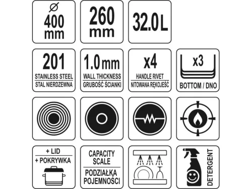 YATO YG-00051 GASTRO Fazék fedővel 32 liter 400 x 260 mm inox