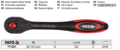 YATO YT-0291 Racsnis hajtószár 3/8 Col 202 mm 72T CrV