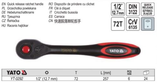 YATO YT-0292 Racsnis hajtószár 1/2 Col 257 mm 72T egyenes szár CrV