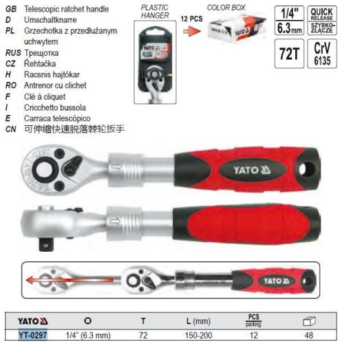 YATO YT-0297 Racsnis hajtószár 1/4 Col 150-200 mm 72T teleszkópos CrV