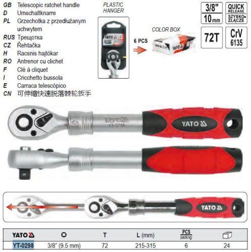 YATO YT-0298 Racsnis hajtószár 3/8 Col 215-315 mm 72T teleszkópos CrV DIN3122