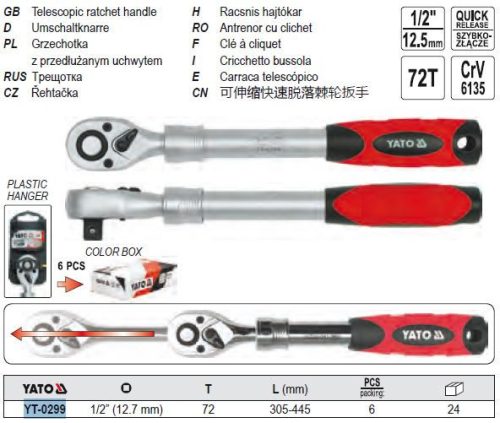 YATO YT-0299 Racsnis hajtószár 1/2 Col 305-445 mm 72T teleszkópos Crv