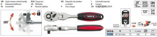 YATO YT-0326 Racsnis hajtószár 3/8 Col 242 mm 72T csuklós ±90° egyenes szár CrV