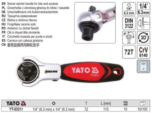 YATO YT-03311 Racsnis hajtószár 1/4 Col 72T 115 mm forgó fejes CrV