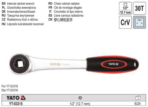 YATO YT-03315 Racsnis hajtószár 1/2 Col 30T lépcsős radiátorkulcshoz CrV