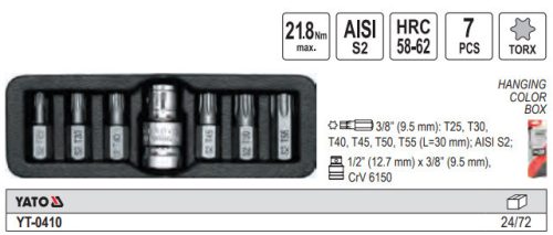 YATO YT-0410 Torx bit készlet 7 részes (1/2 Col T25-T50)