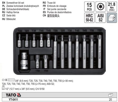 YATO YT-0411 Torx bit készlet 15 részes 1/2 Col: T20-T55