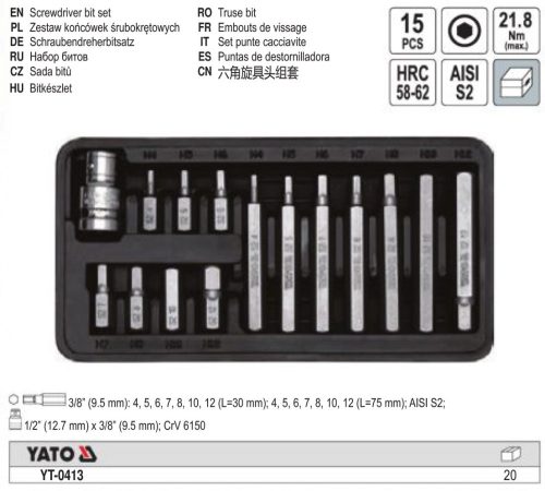YATO YT-0413 Bit készlet 15 részes (imbusz) H4-H12 1/2 Col