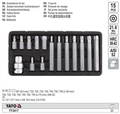 YATO YT-0417 Torx készlet 15 részes tamperproof T20-T55 L=30 mm, L=75 mm 1/2 Col