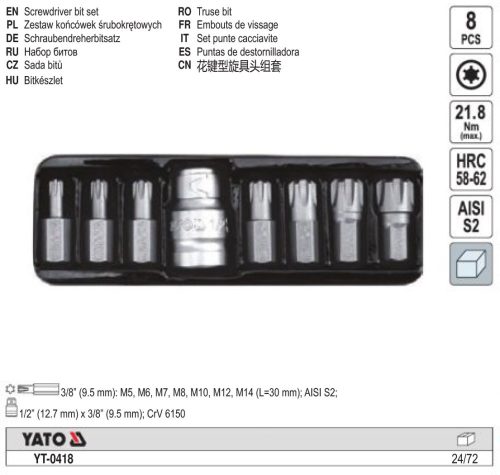 YATO YT-0418 Bit készlet 8 részes RIBE M5-M14 L=30 mm 1/2 Col