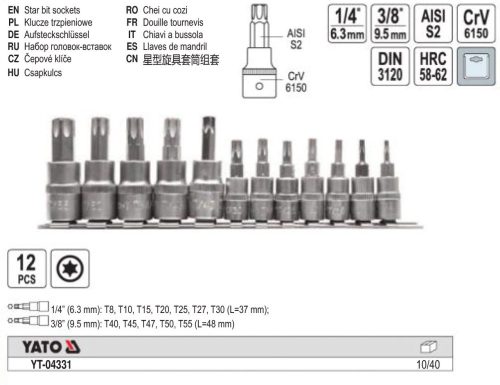 YATO YT-04331 Bit dugókulcs készlet 12 részes Torx 1/4 Col, 3/8 Col CrV