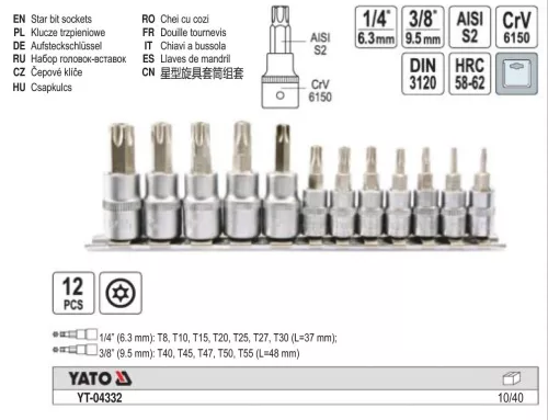 YATO YT-04332 Bit dugókulcs készlet 12 részes lyukas Torx 1/4 Col, 3/8 Col CrV