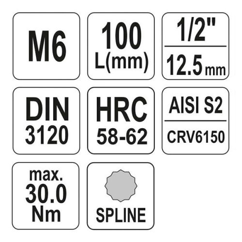 YATO YT-04351 Hosszú bit dugókulcs Spline 1/2 Col M6 CrV