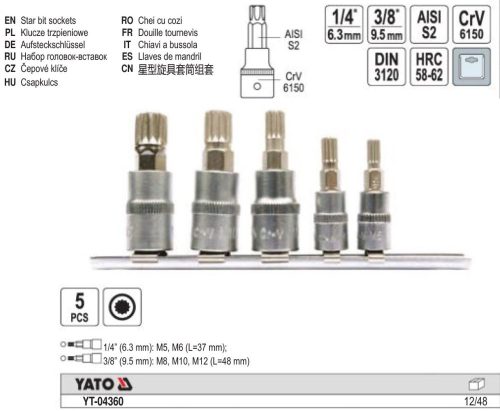 YATO YT-04360 Bit dugókulcs készlet 5 részes Spline 1/4 Col, 3/8 Col CrV