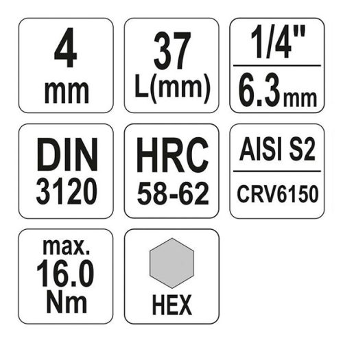 YATO YT-04371 Bit dugókulcs Imbusz 1/4 Col 4 mm CrV