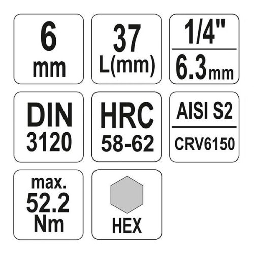YATO YT-04373 Bit dugókulcs Imbusz 1/4 Col 6 mm CrV