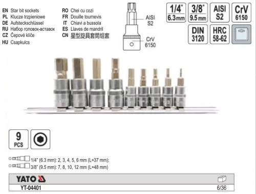 YATO YT-04401 Bit dugókulcs készlet 9 részes Imbusz 1/4 Col, 3/8 Col CrV
