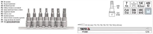 YATO YT-0461 Bit dugókulcs készlet 7 részes lyukas 5-ágú Torx 1/4 Col T10-T40 CrV