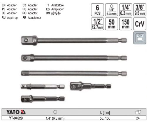 YATO YT-04629 Dugókulcs adapter készlet 6 részes 1/4 Col Hex -> 1/4 Col, 3/8 Col, 1/2 Col négyszög CrV