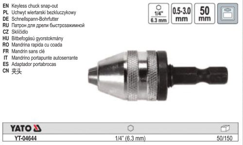 YATO YT-04644 Fúrótokmány adapter 1/4 Col Hex -> 0,5-3,0 mm gyorstokmány