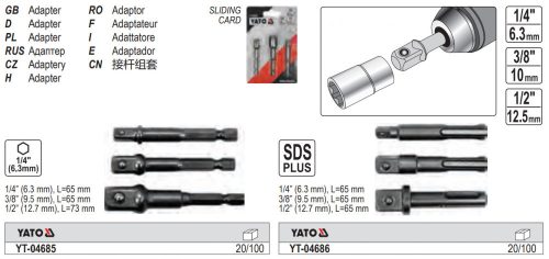 YATO YT-04685 Dugókulcs adapter készlet 3 részes 1/4 Col Hex -> 1/4 Col, 3/8 Col, 1/2 Col négyszög