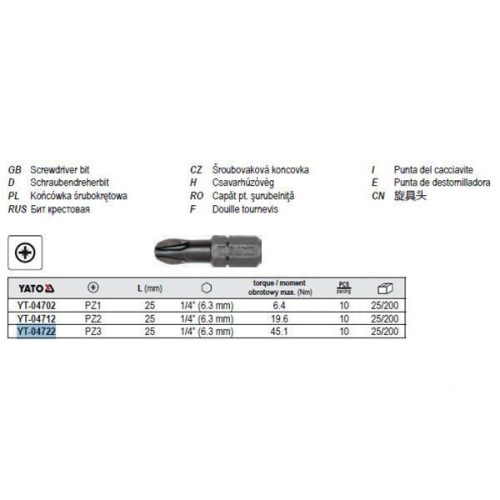 YATO YT-04722 Bithegy PZ3 1/4 Col 25 mm (10 db/cs)