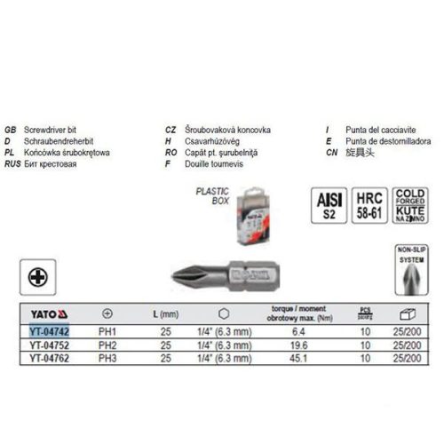 YATO YT-04742 Bithegy PH1 1/4 Col 25 mm (10 db/cs)
