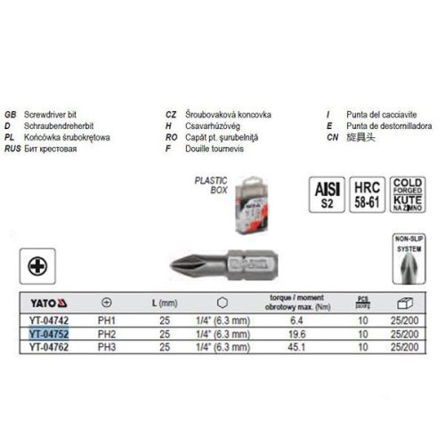YATO YT-04752 Bithegy PH2 1/4 Col 25 mm (10 db/cs)