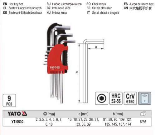 YATO YT-0502 Imbuszkulcs készlet 9 részes 2,0-10 mm CrV