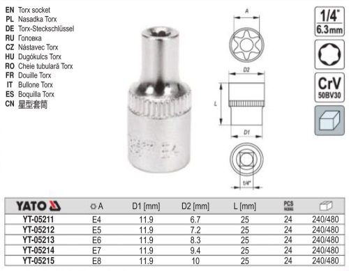 YATO YT-05211 Dugókulcs külső Torx 1/4 Col E4 CrV