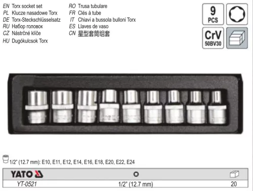 YATO YT-0521 Dugókulcs készlet 9 részes külső Torx 1/2 Col E10-E24 CrV