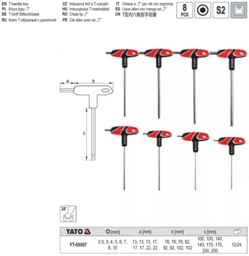 YATO YT-05597 Gömbfejű imbusz T-kulcs készlet 8 részes 2,5-10 mm S2