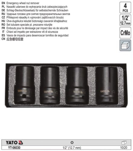 YATO YT-06030 Roncsolt csavar leszedő gépi dugókulcs készlet 4 részes 1/2 Col 17-26 mm CrMo