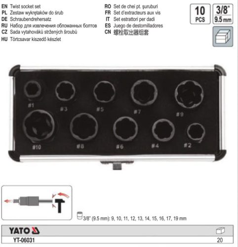 YATO YT-06031 Roncsolt csavarfej leszedő készlet 10 részes 3/8 Col 9-19 mm