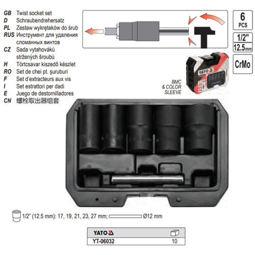 YATO YT-06032 Sérült csavar kiszedő dugókulcs készlet 6 részes 1/2 Col 17-27 mm CrMo