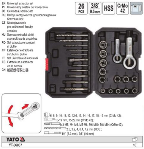 YATO YT-06037 Sérült csavar és anya kiszedő készlet 26 részes 3/8 Col