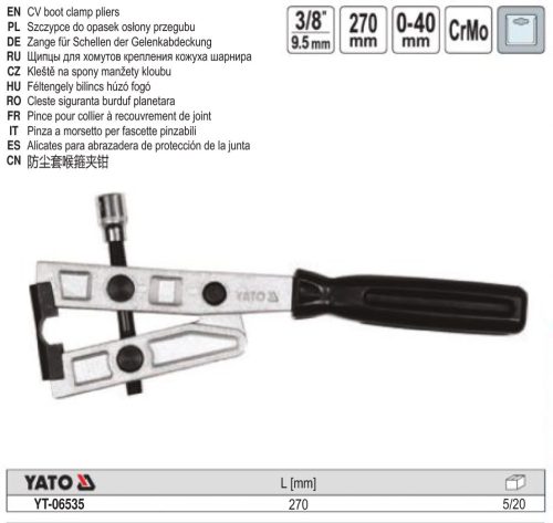 YATO YT-06535 Szorítóbilincs fogó 3/8 Col 270 mm 0-40 mm CrmO