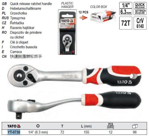 YATO YT-0730 Racsnis hajtószár 1/4 Col 155 mm 72T CrV
