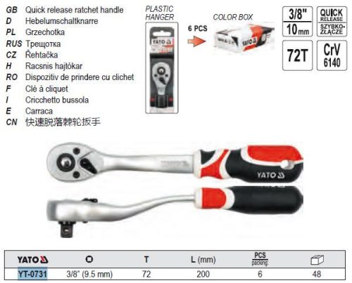 YATO YT-0731 Racsnis hajtószár 3/8 Col 200 mm 72T hajlított szár, lágy fogantyús CrV