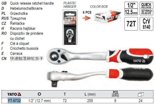 YATO YT-0732 Racsnis hajtószár 1/2 Col 255 mm 72T hajlított szár, lágy fogantyús CrV