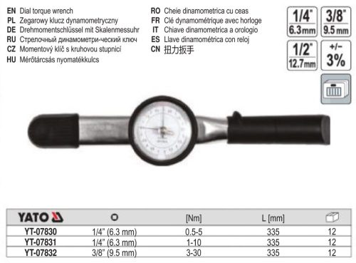 YATO YT-07830 Mérőórás nyomatékkulcs 1/4 Col 0-5 Nm / 335 mm