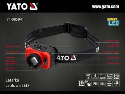 YATO YT-085941 Akkus fejlámpa 600 lumen