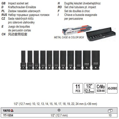 YATO YT-1054 Gépi hosszú dugókulcs készlet 11 részes 1/2 Col 10-24 mm CrMo