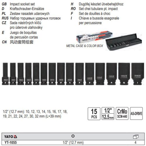 YATO YT-1055 Gépi hosszú dugókulcs készlet 15 részes 1/2 Col 10-32 mm CrMo